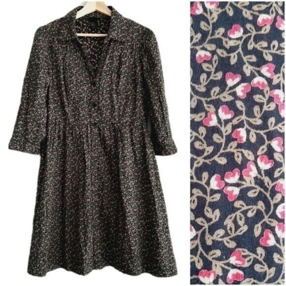 H&M Ditsy Floral Heart Print Prairie Style Button Down Dress Sz 10 - Picture 1 of 15